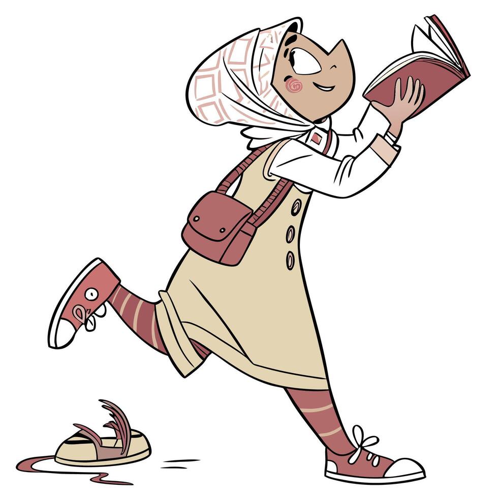 a cartoon girl reading a book while running vector
