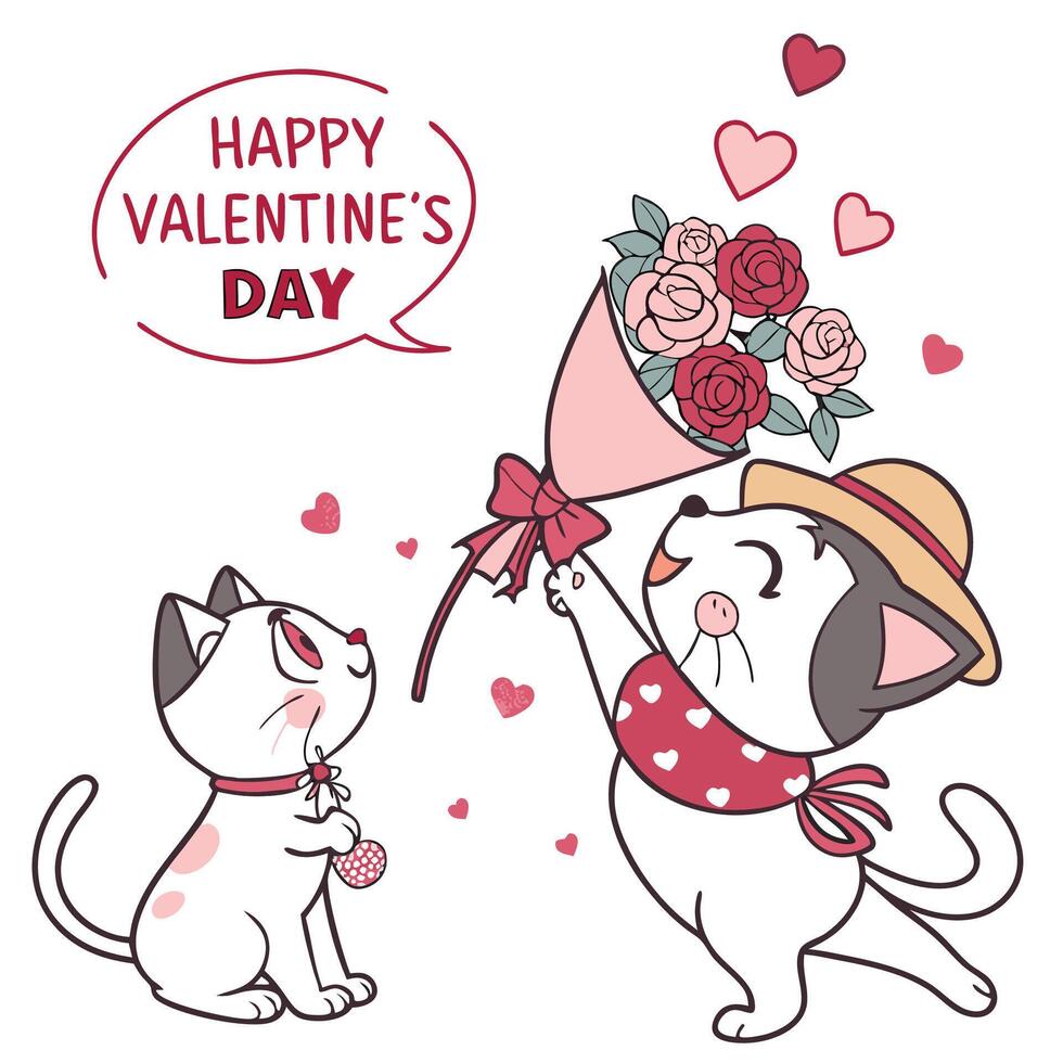 two cute cats are giving each other flowers on valentine's day vector