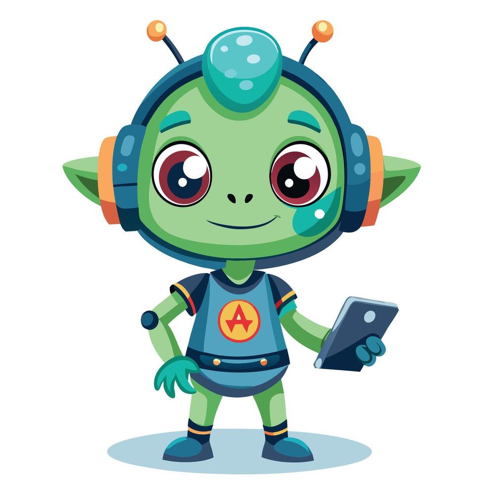 cartoon alien with headphones and phone vector