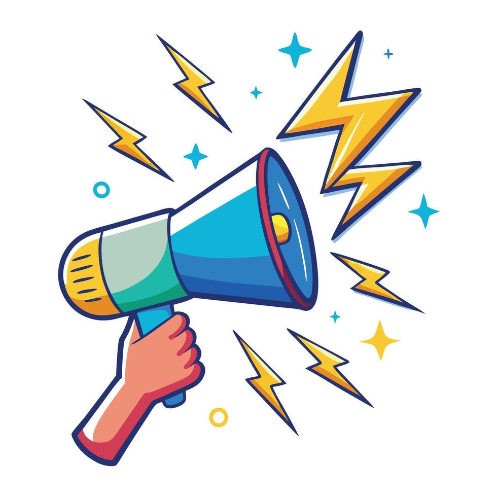 hand holding megaphone with lightning bolts on a white background vector