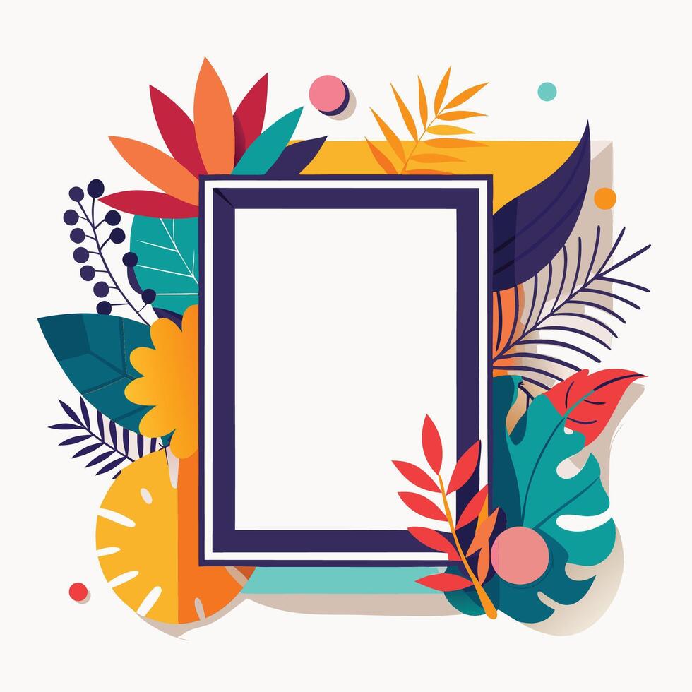 colorful tropical leaves and flowers in a square frame vector