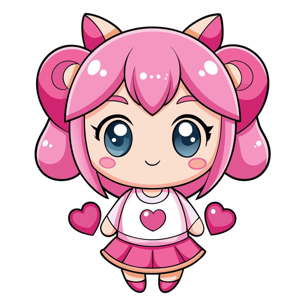 cute kawaii girl with pink hair and heart shaped eyes vector