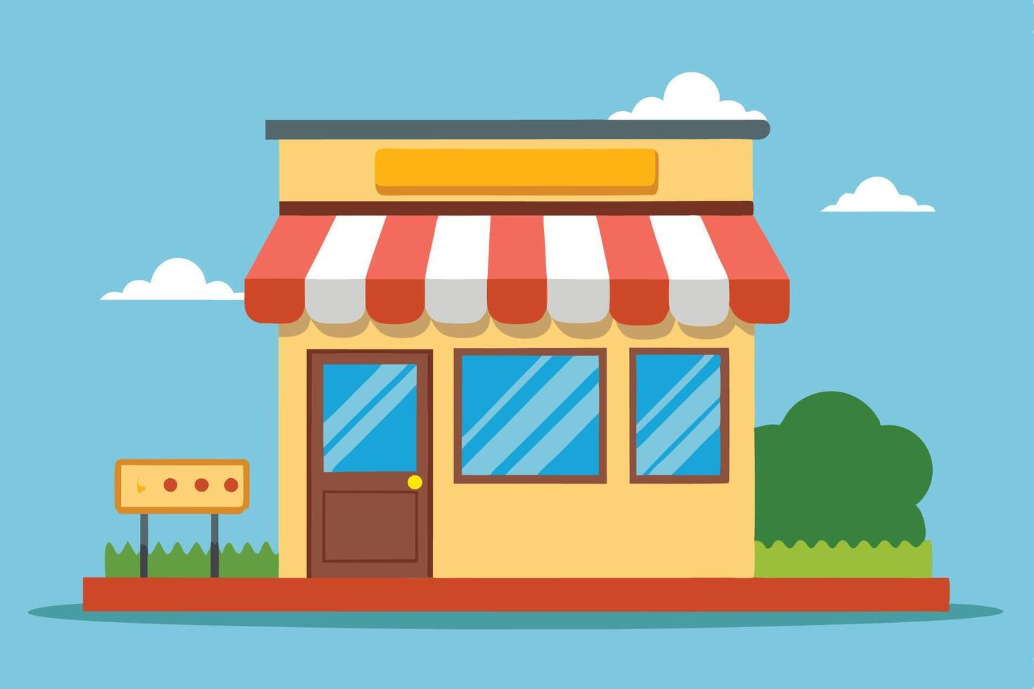 a small shop with a red awning and a sign vector