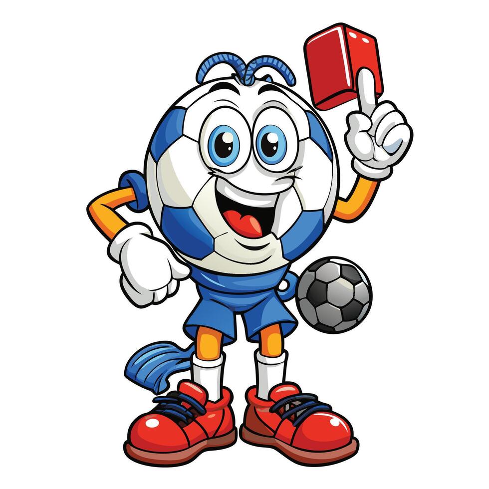 a cartoon soccer ball holding a red card vector