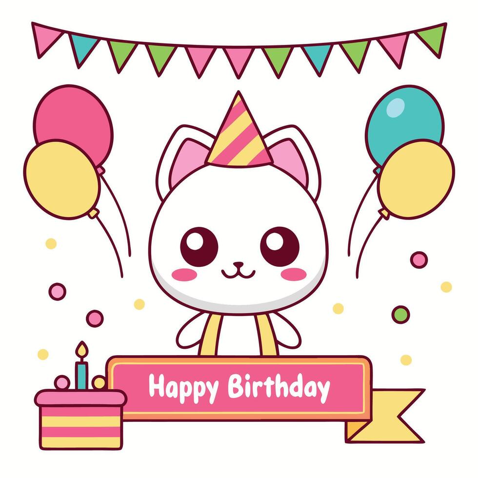 happy birthday card with cute cat vector