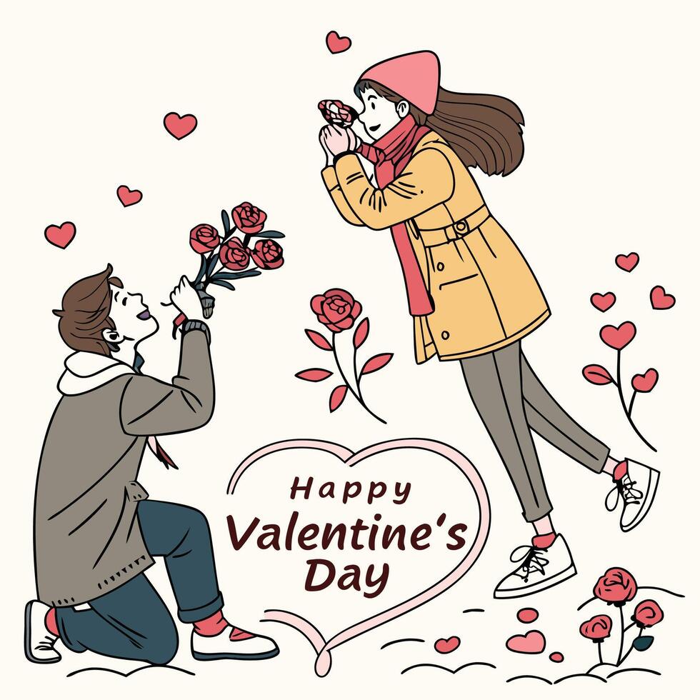 a man is kneeling down to give a woman on a white background vector