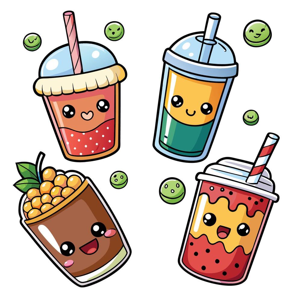 cute kawaii smoothie set with fruit and on a white background vector