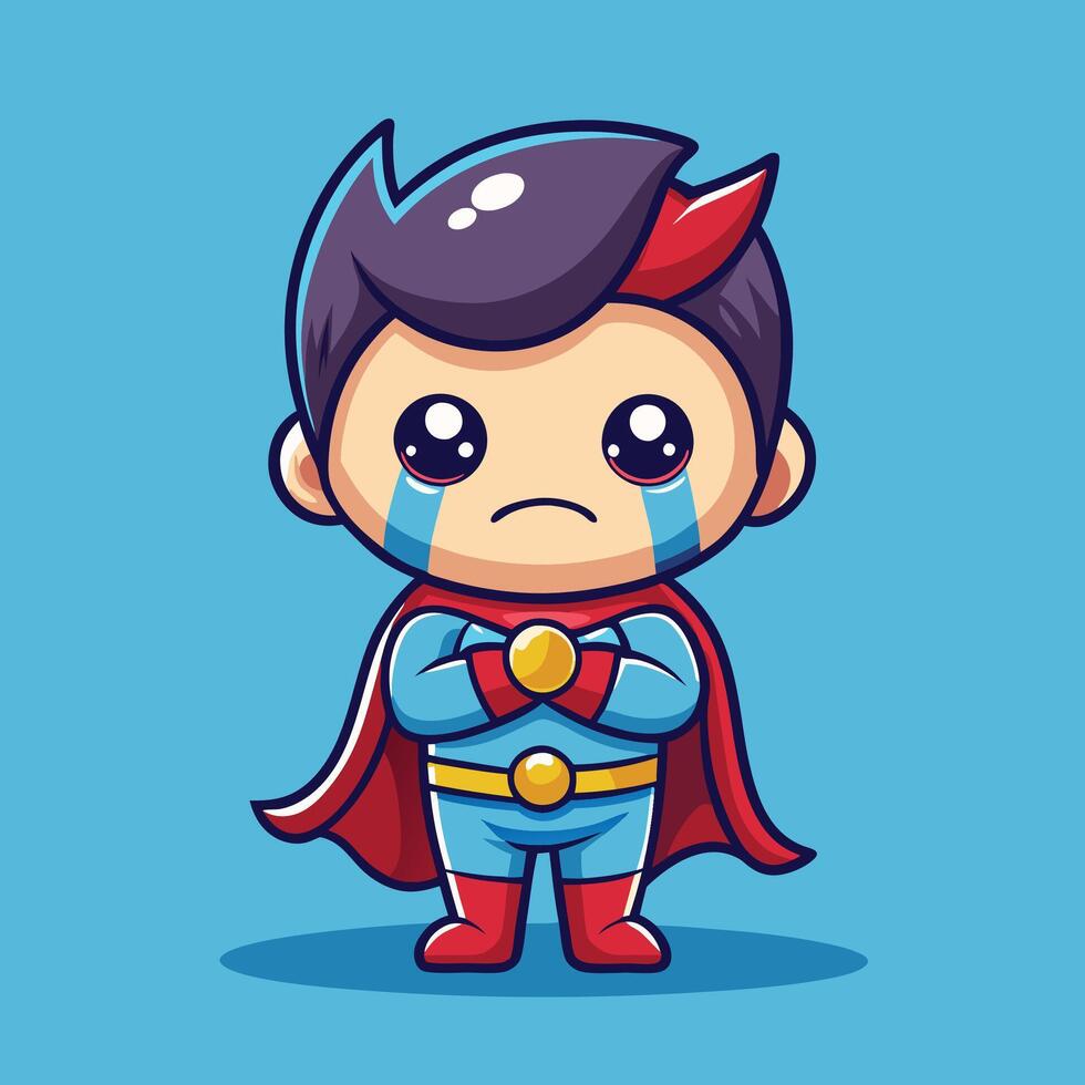 superhero boy crying, cartoon character on a white background vector