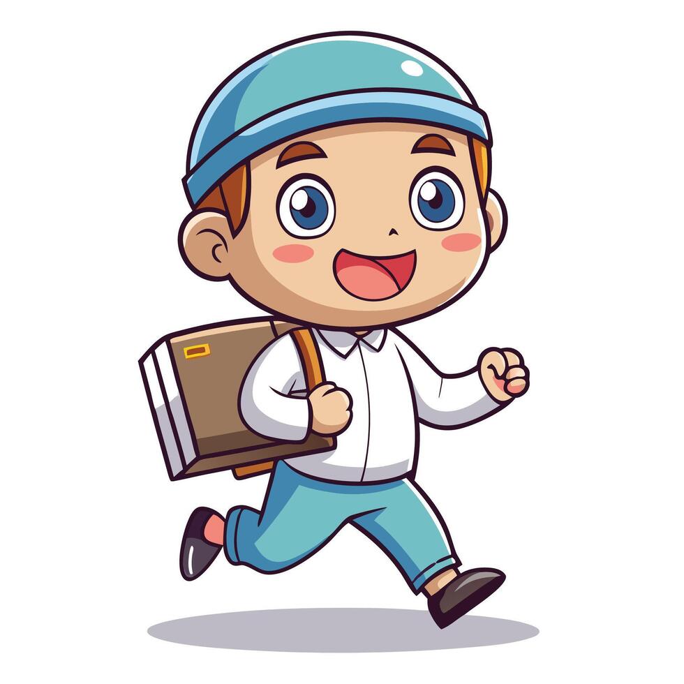 cartoon boy with a backpack and hat running vector