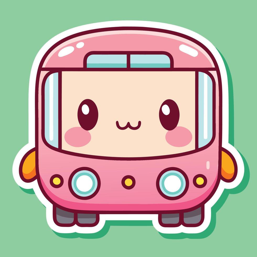 a cute pink bus sticker with eyes and a smile vector