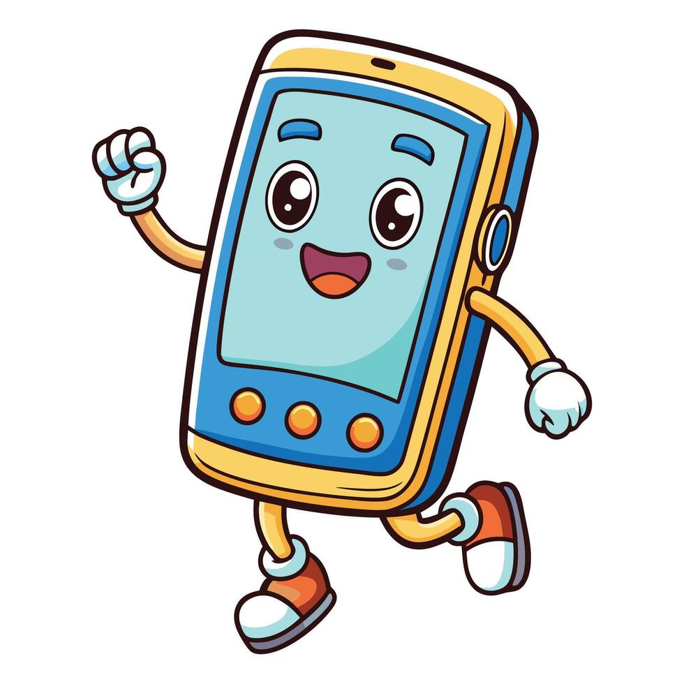 cartoon mobile phone character running and waving vector