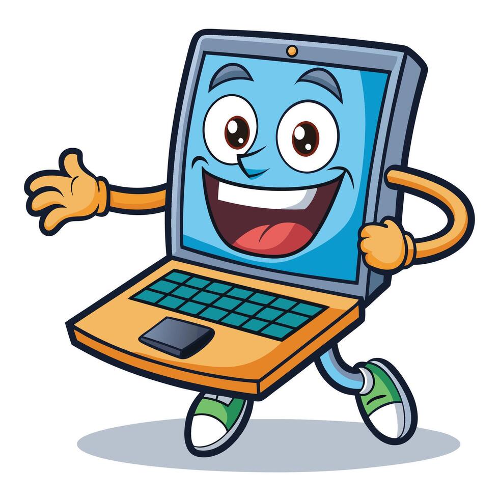 cartoon laptop character running and waving vector