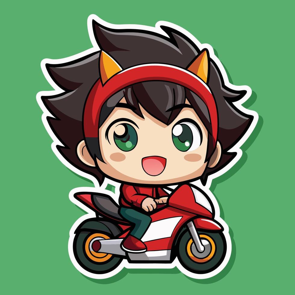 a sticker of a boy riding a motorcycle on agreen background vector