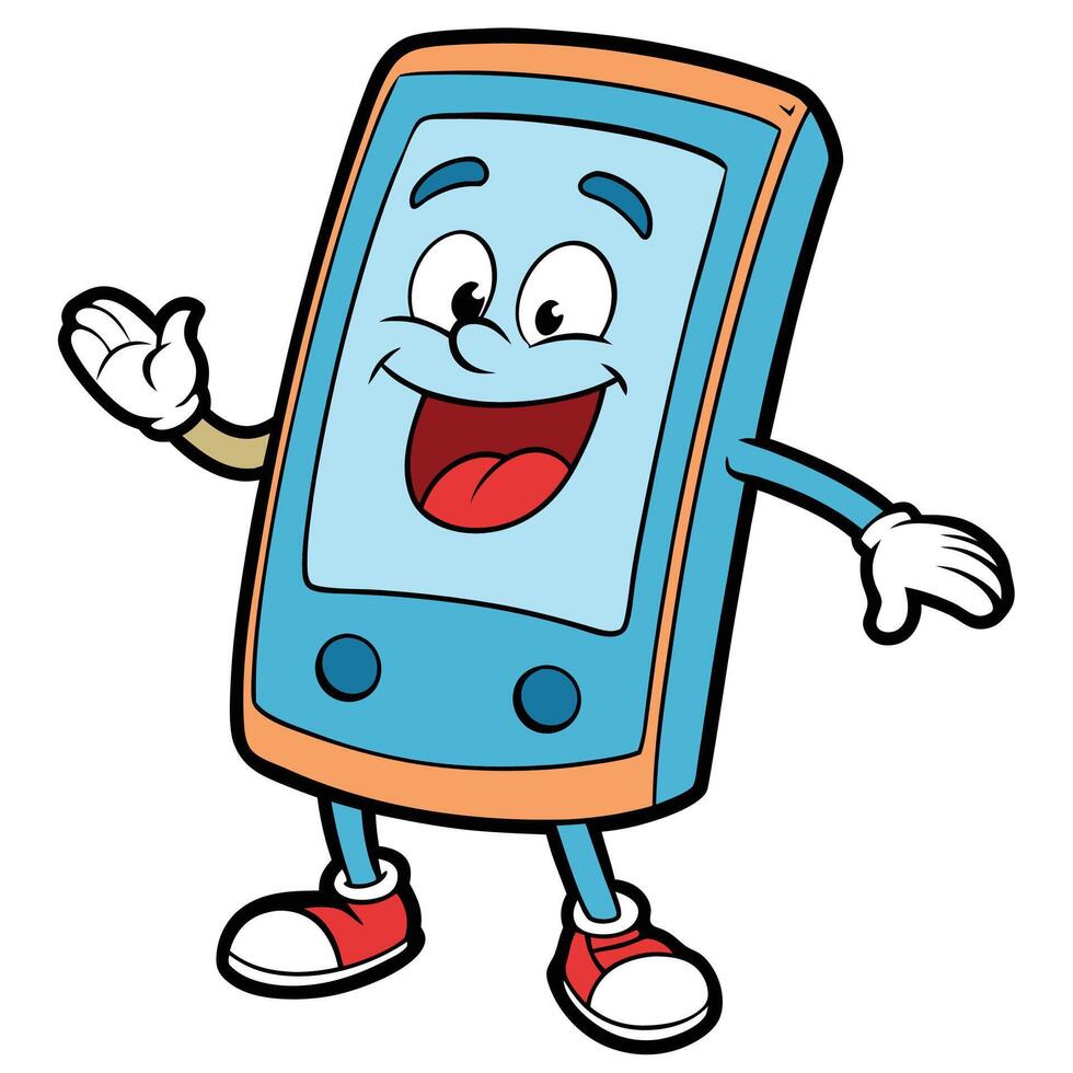 a cartoon mobile phone character waving vector