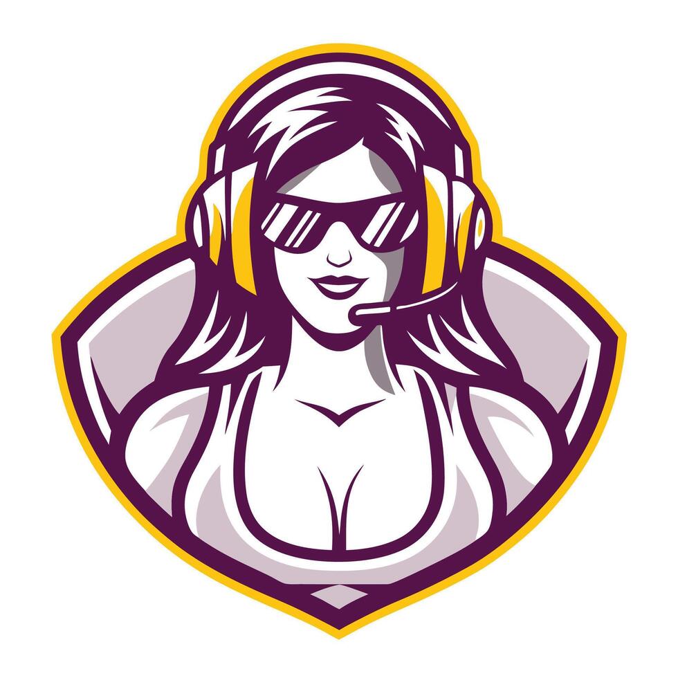 a female gamer wearing headphones on a white background vector