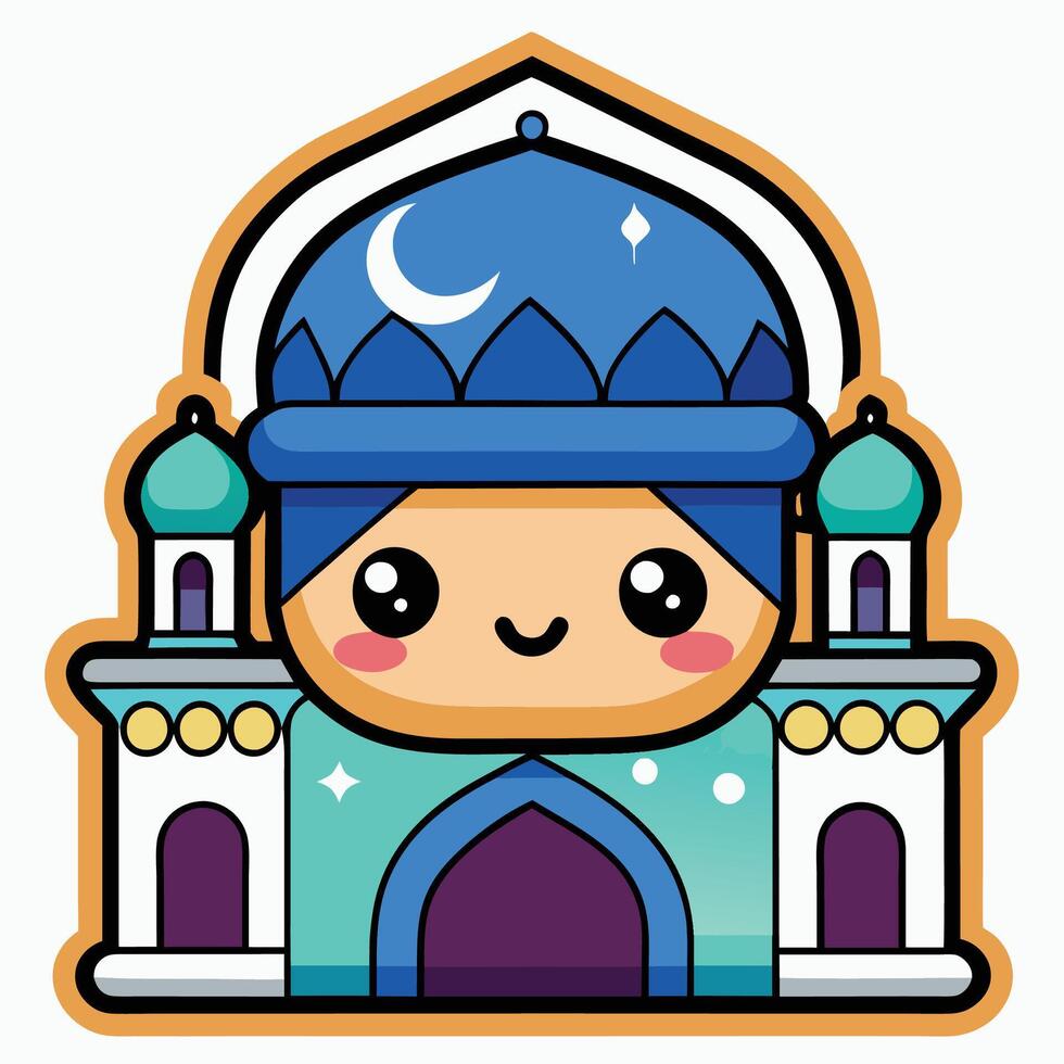 cartoon muslim boy with blue hat and blue mosque on a white background vector