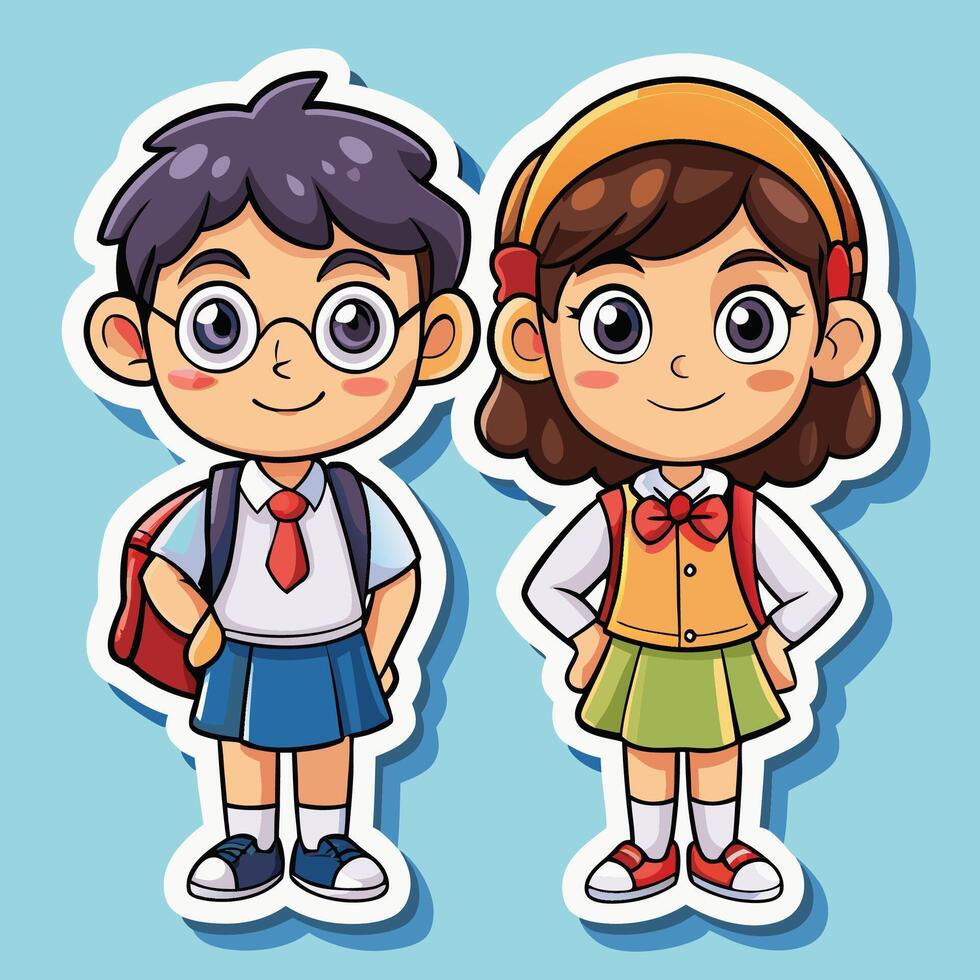 sticker of cute school girl and boy on a white background vector
