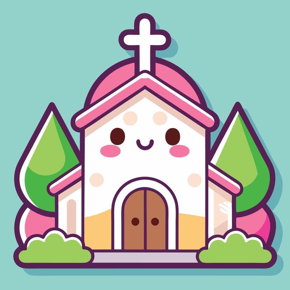 a cartoon church with a cross on top on a green background vector