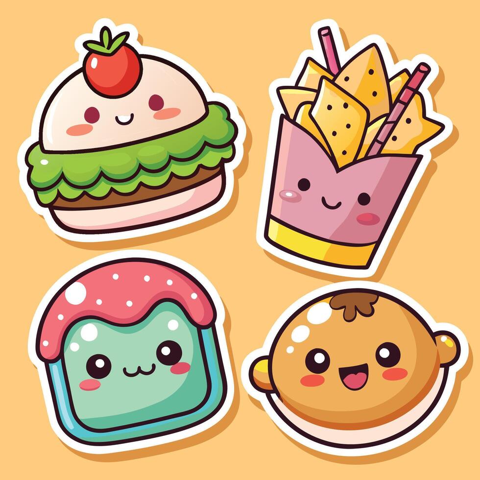 cute food stickers set with vector