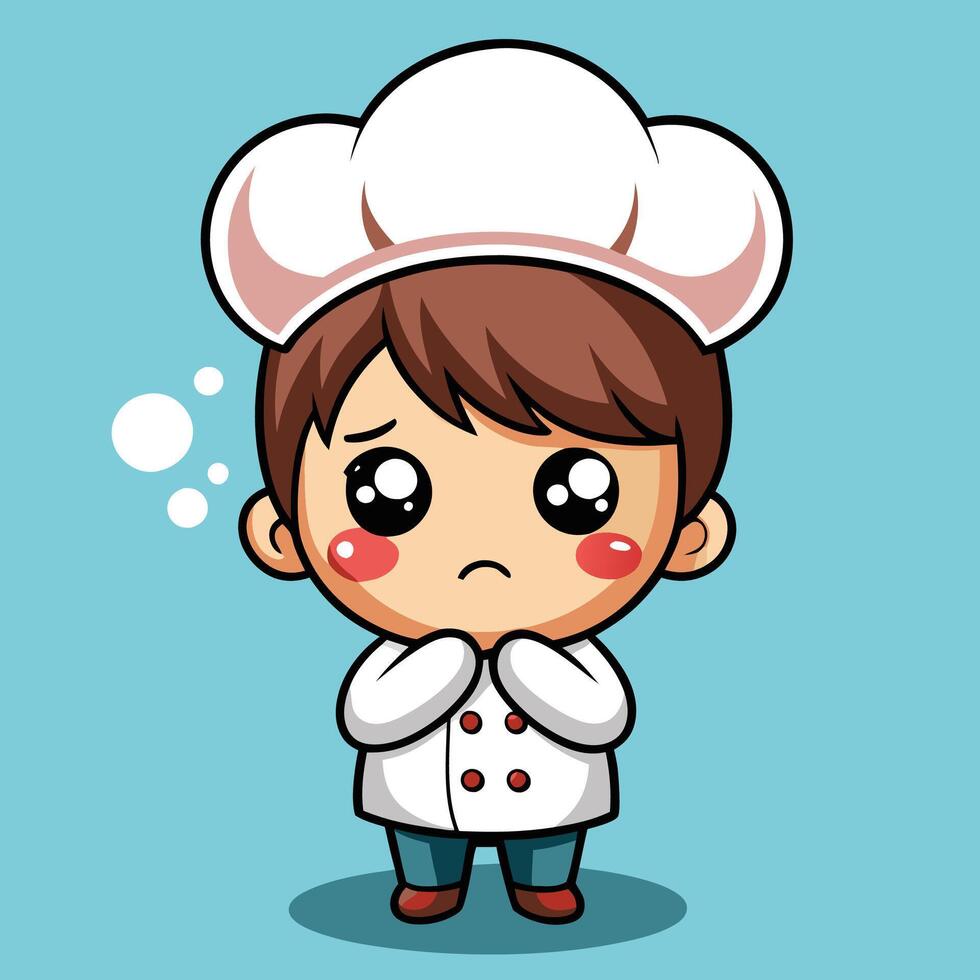 cartoon chef boy with sad face on a blue background vector