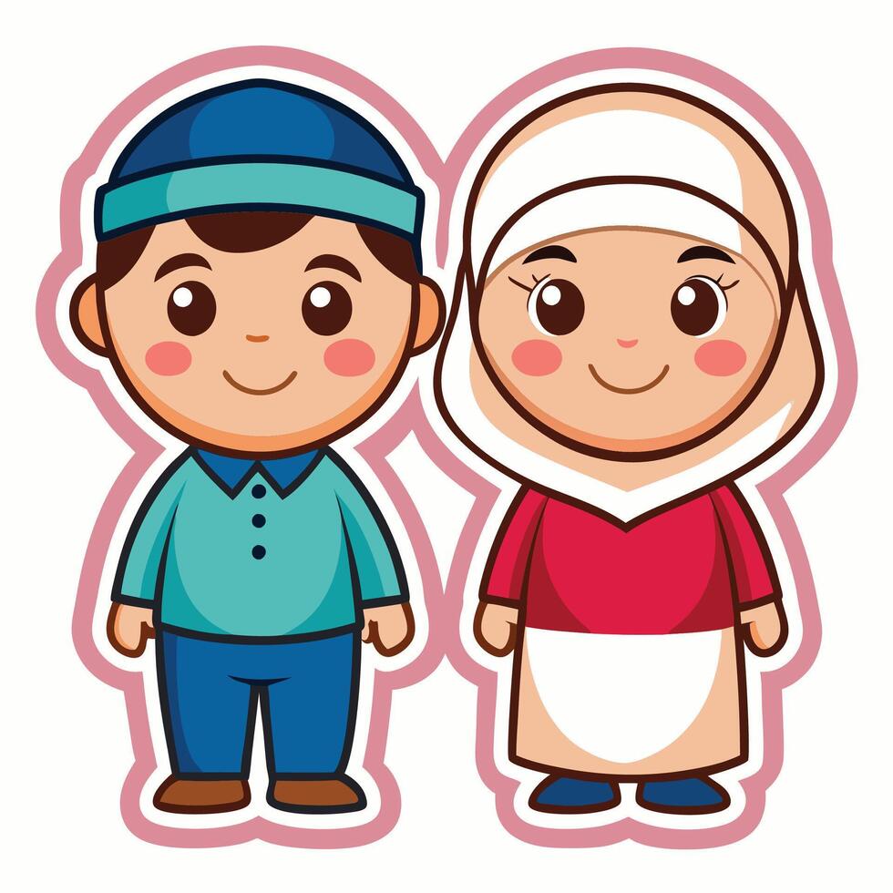 cartoon muslim boy and girl, standing together on a white background vector