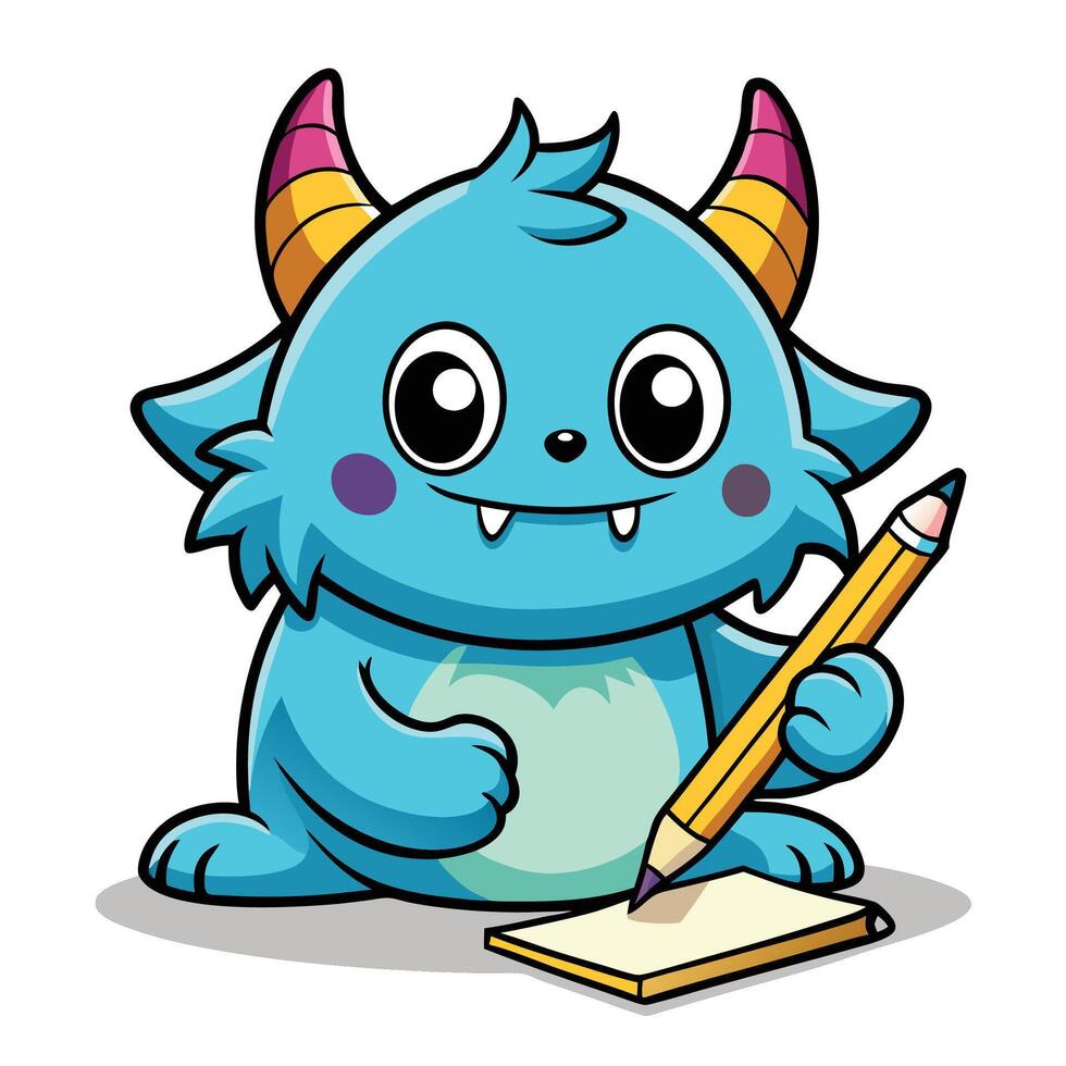 cartoon blue monster holding a pencil and writing on a white background vector