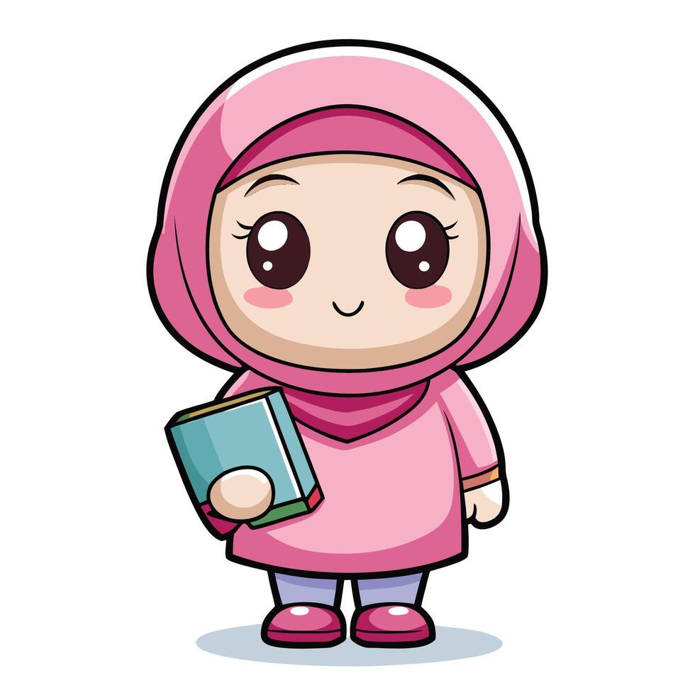 a cartoon muslim girl holding a book on a white background vector