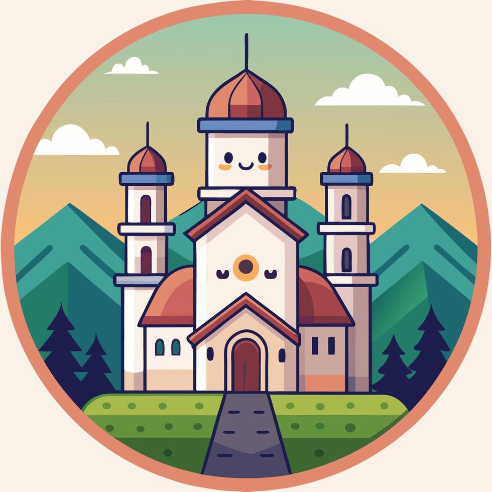 a cartoon church in a round shape vector