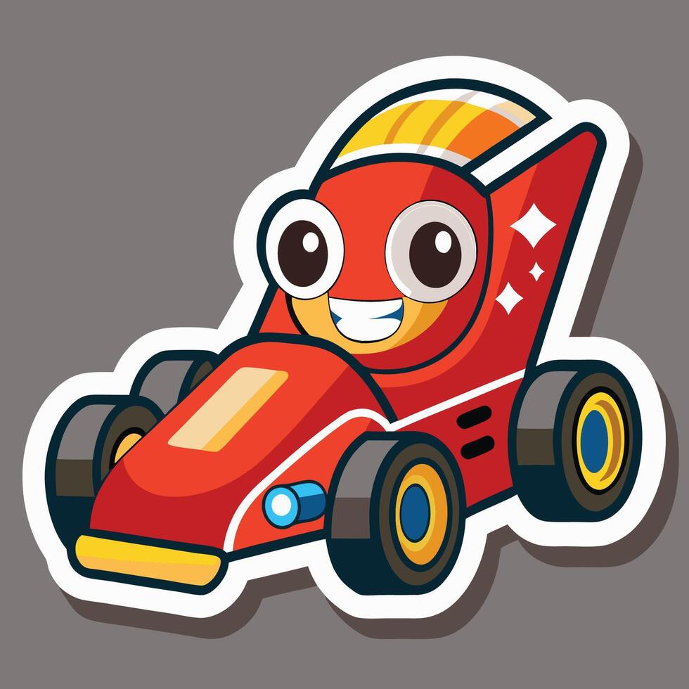 cartoon racing car sticker with eyes and smile vector