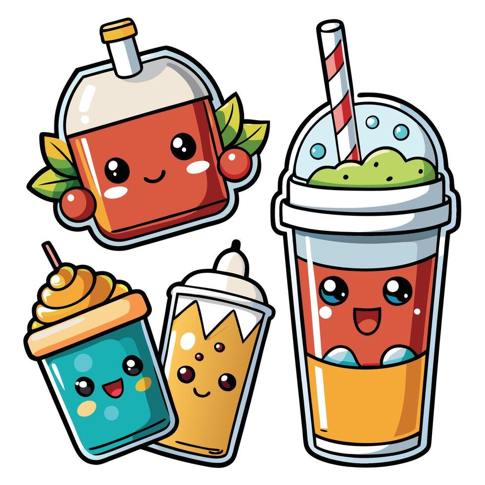 cute kawaii drink set with different drinks vector