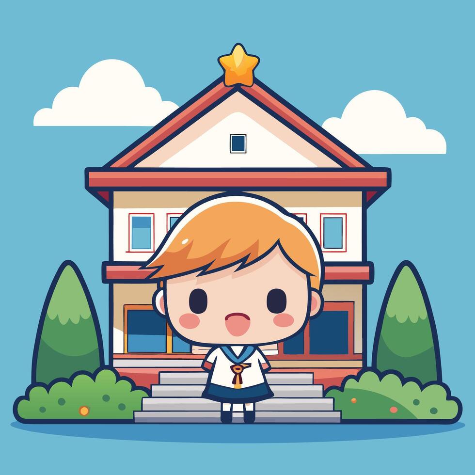 a cartoon girl standing front of a house vector