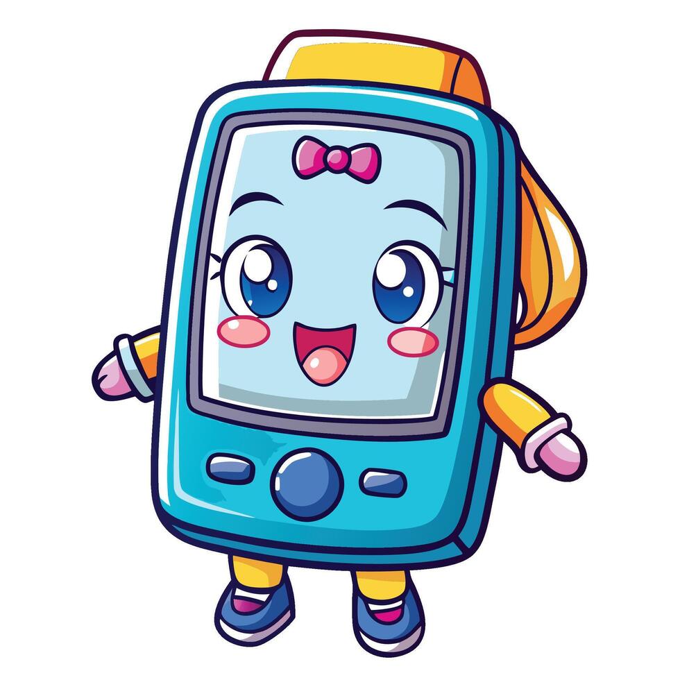a cartoon phone with a smile on its face vector