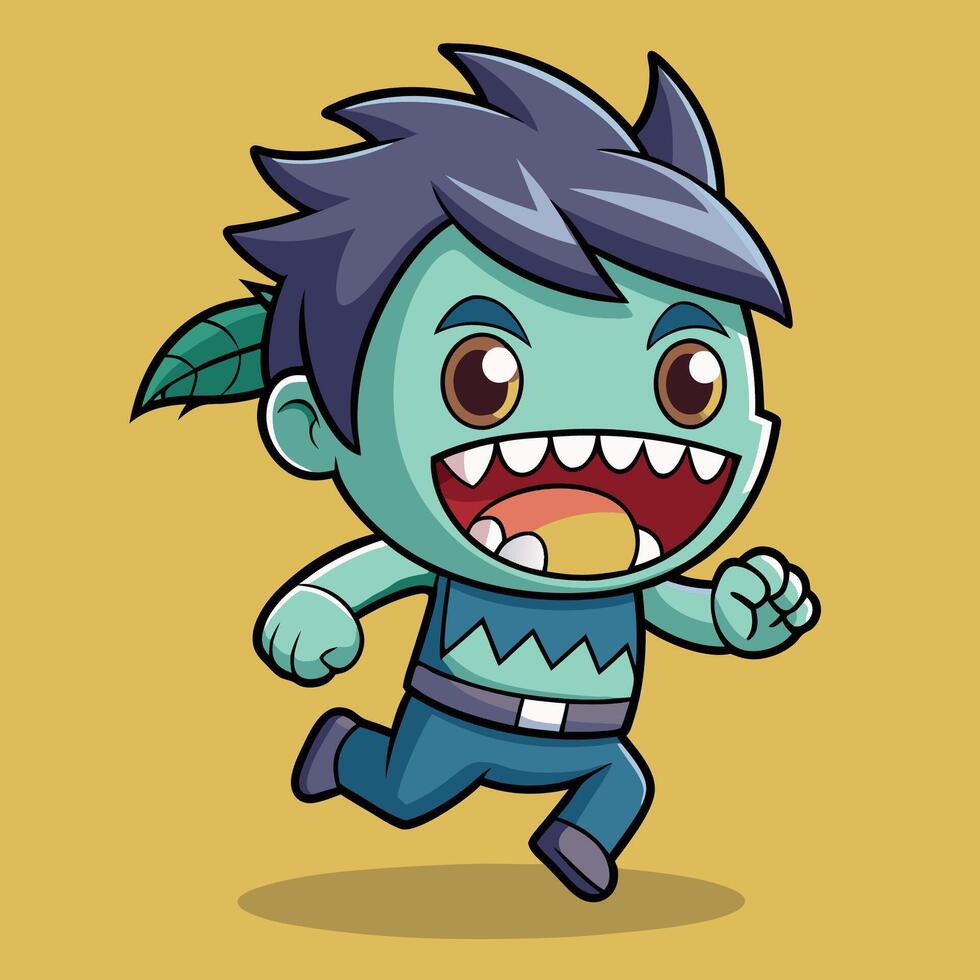 cartoon zombie running with a leaf on his head vector
