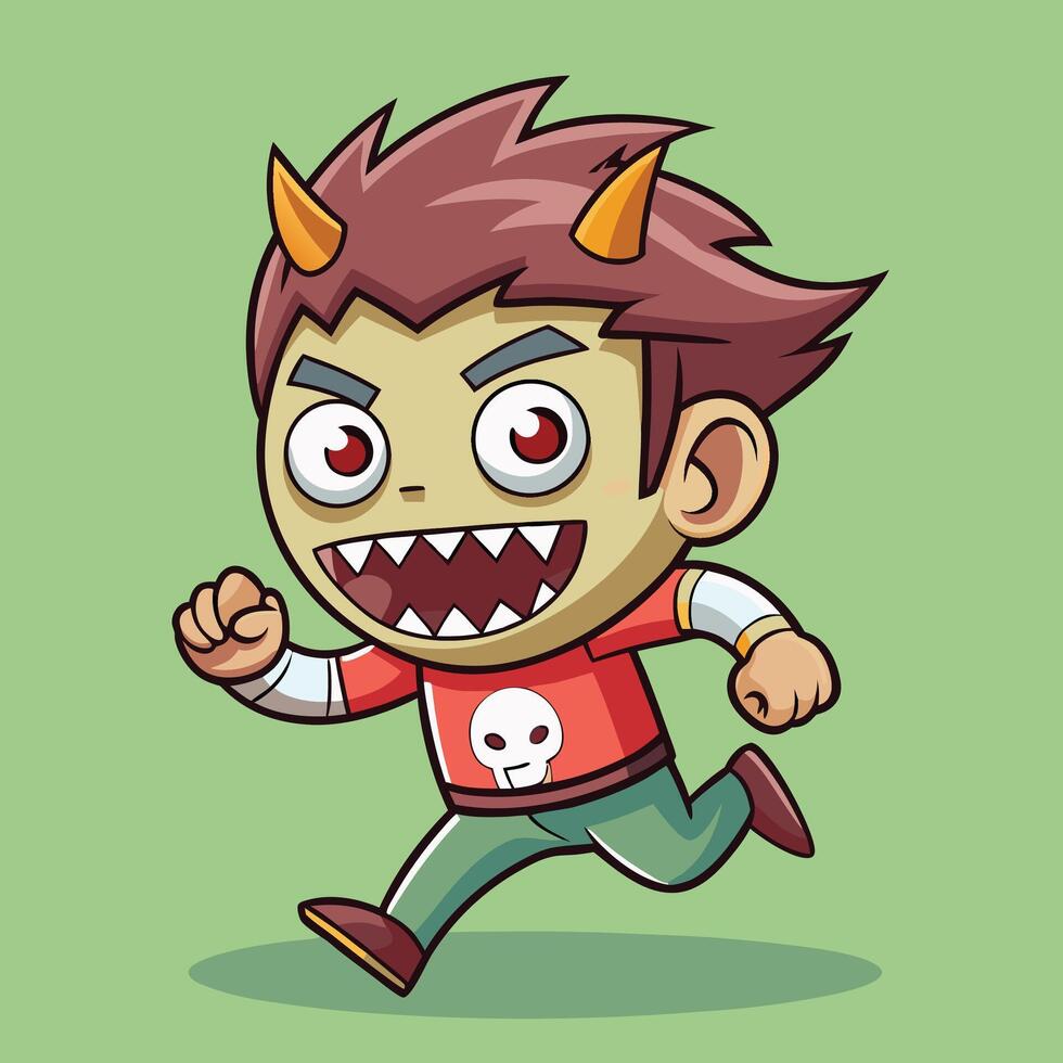 cartoon boy running with horns and teeth vector