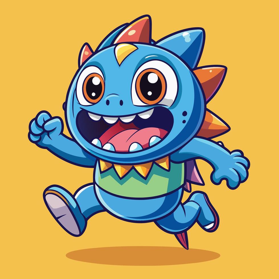 cartoon blue monster running with big eyes vector