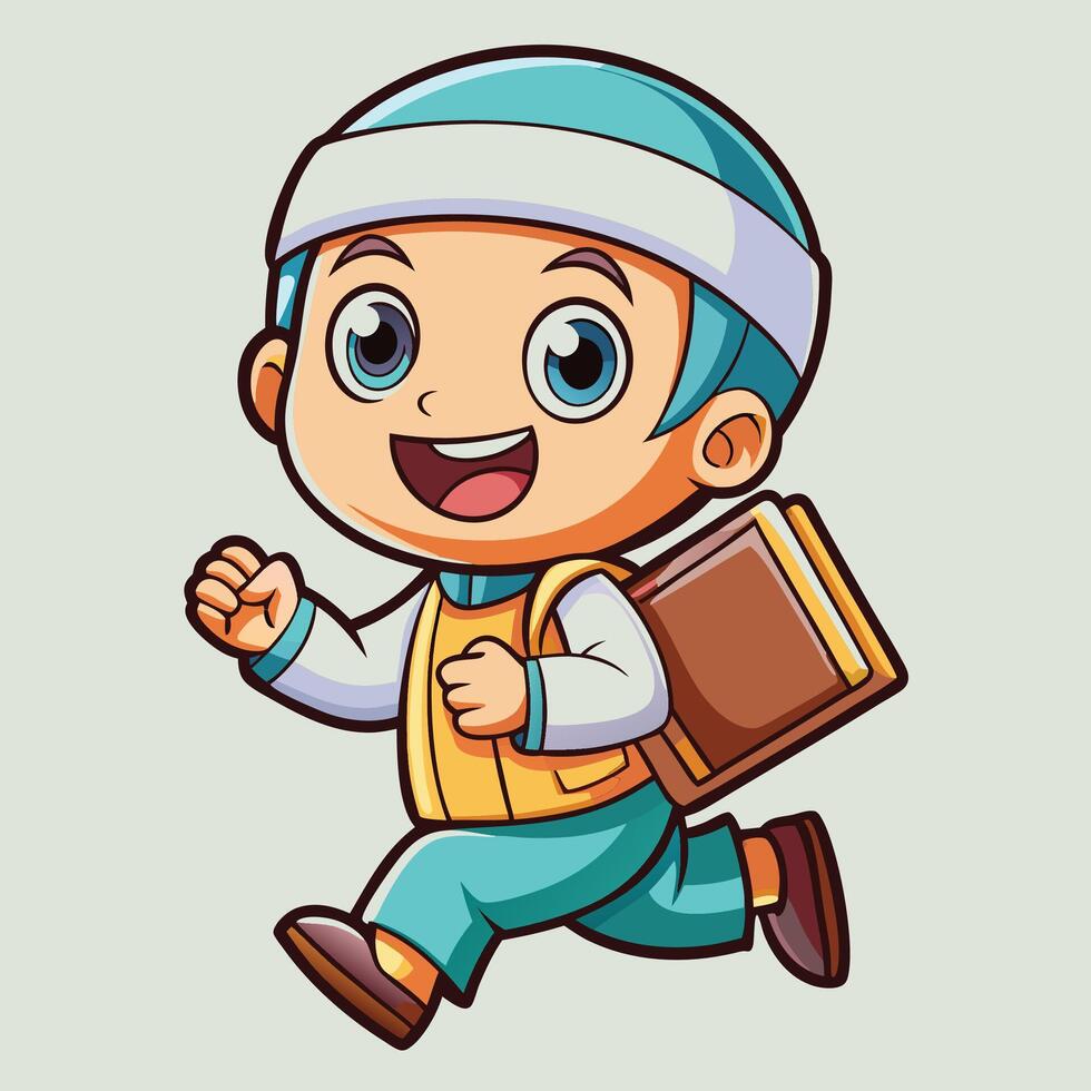 cartoon muslim boy running with a book and a bag vector