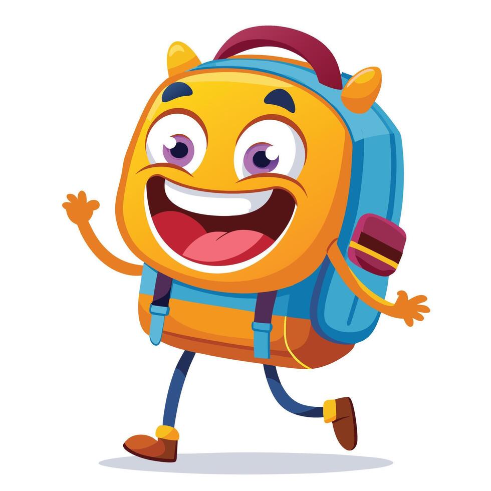 cartoon school bag character with happy face and big smile vector