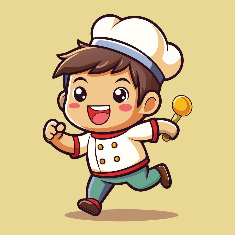 cute kawaii cartoon chef running with a spoon vector