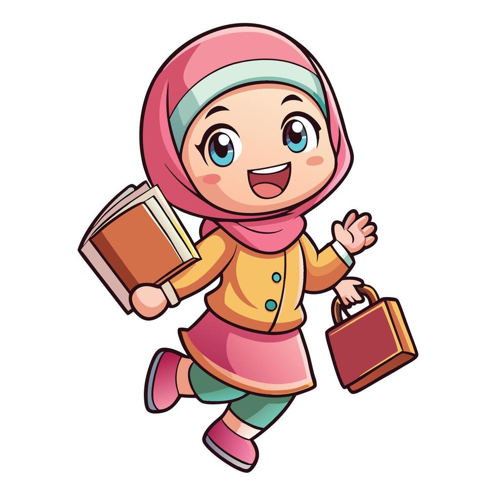 muslim girl with books and bag illustration on a white background vector