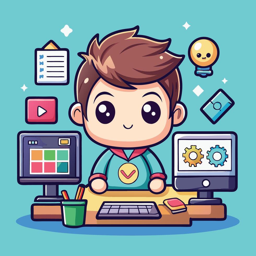 a cartoon boy sitting at a desk with a computer and other items vector