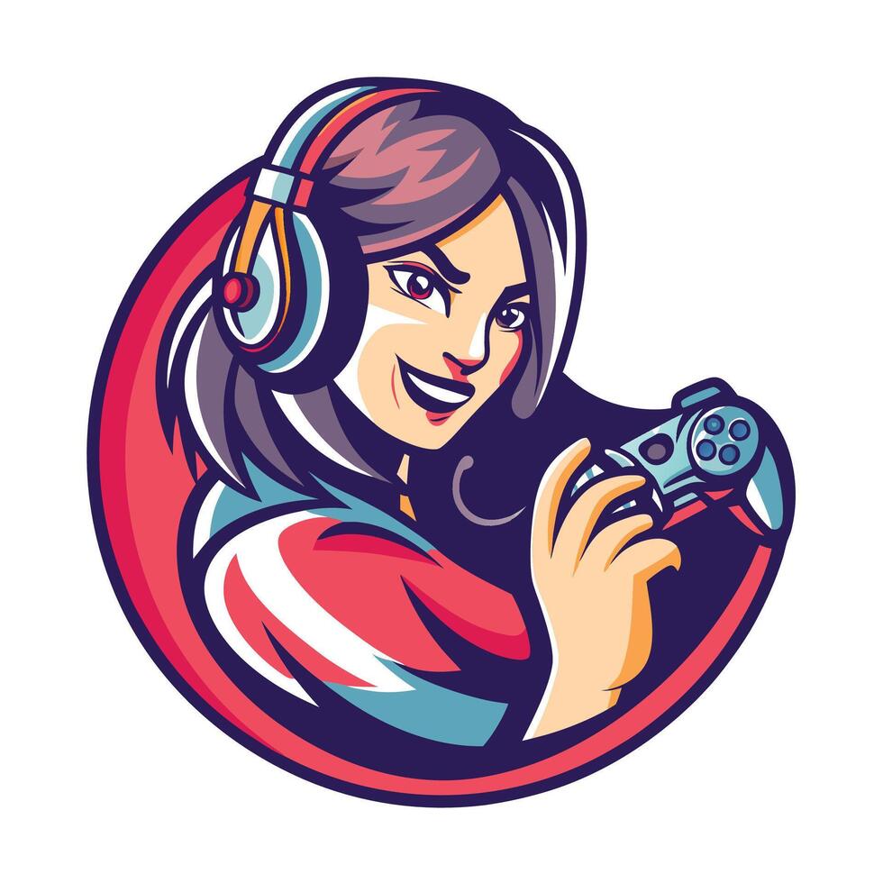 a woman playing a game with headphones on red vector