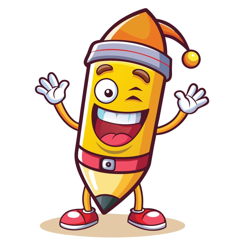 a cartoon pencil character with arms up and smiling vector
