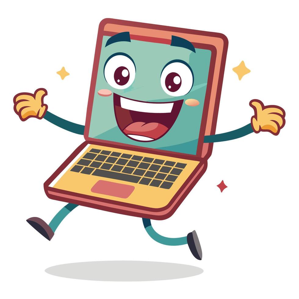 cartoon laptop running with thumbs up vector
