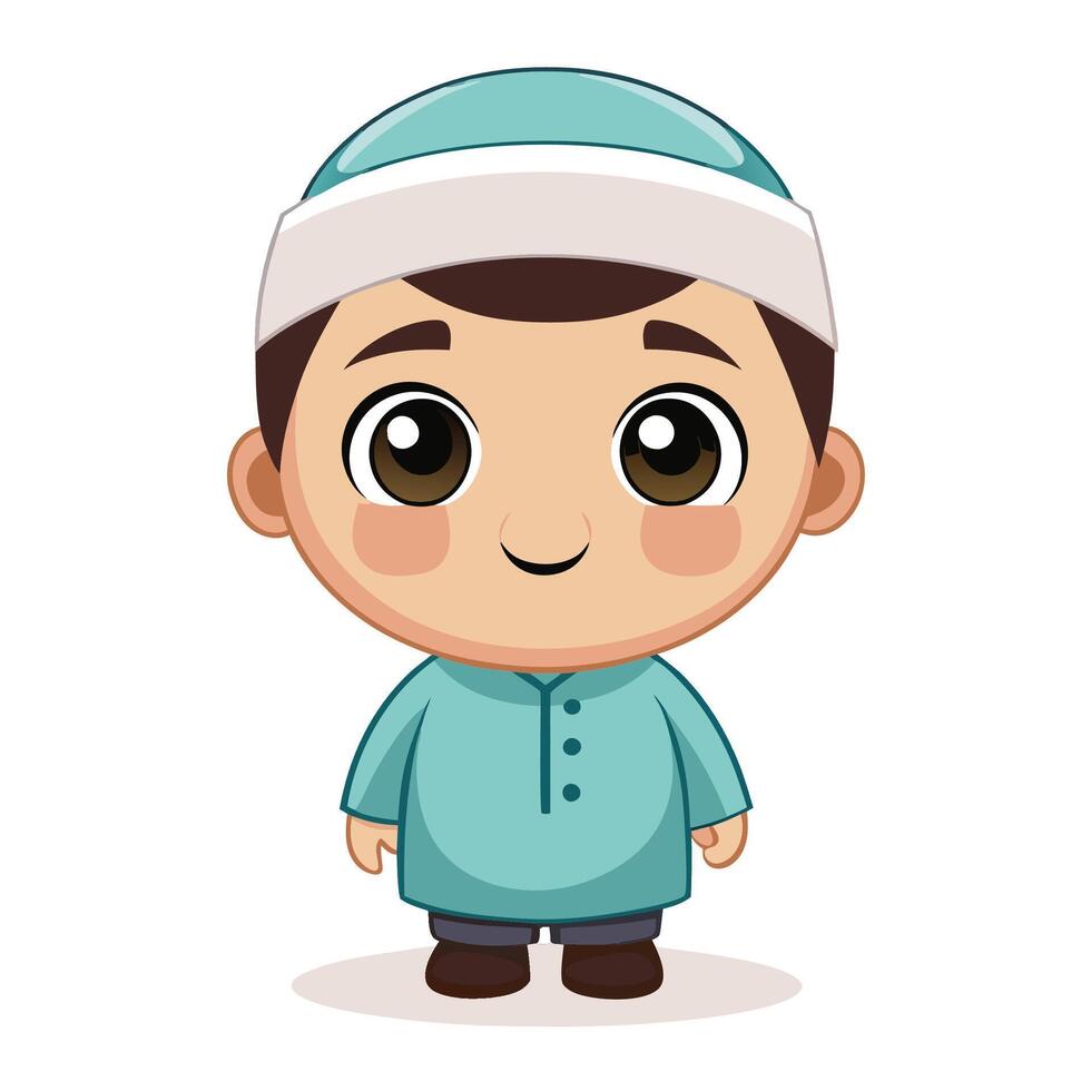 kawaii cute cartoon muslim boy in traditional clothes vector