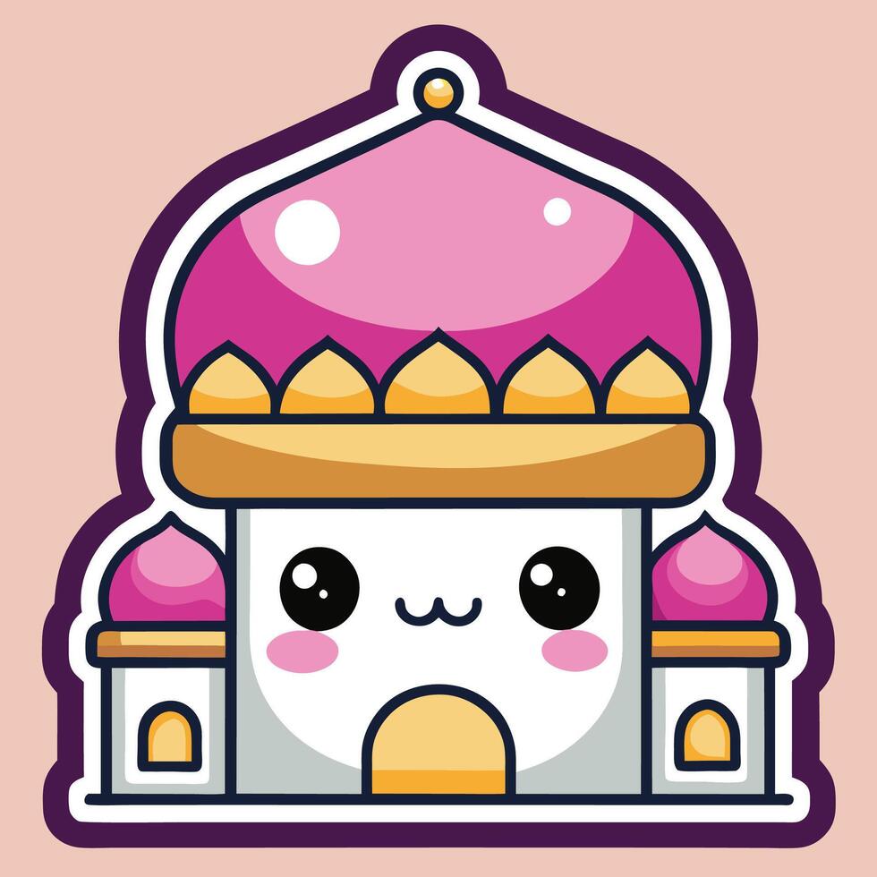 a cartoon pink and gold building with a cute face vector