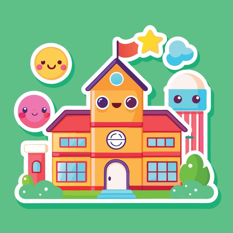 a cartoon school building with a smiley face and other objects vector