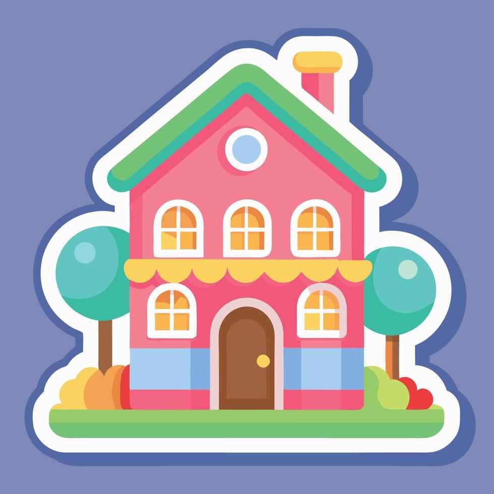 a cartoon house with a tree and bushes on a purple background vector