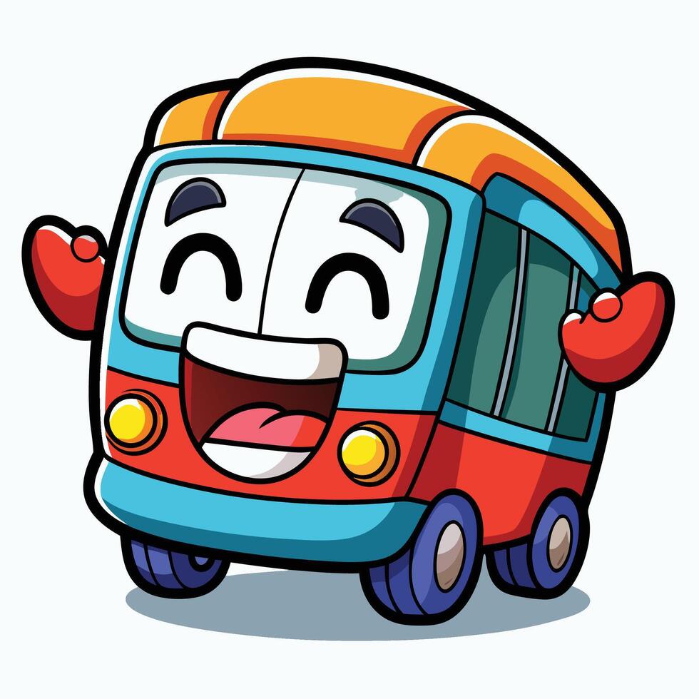 cute kawai cartoon bus with happy face and arms waving vector