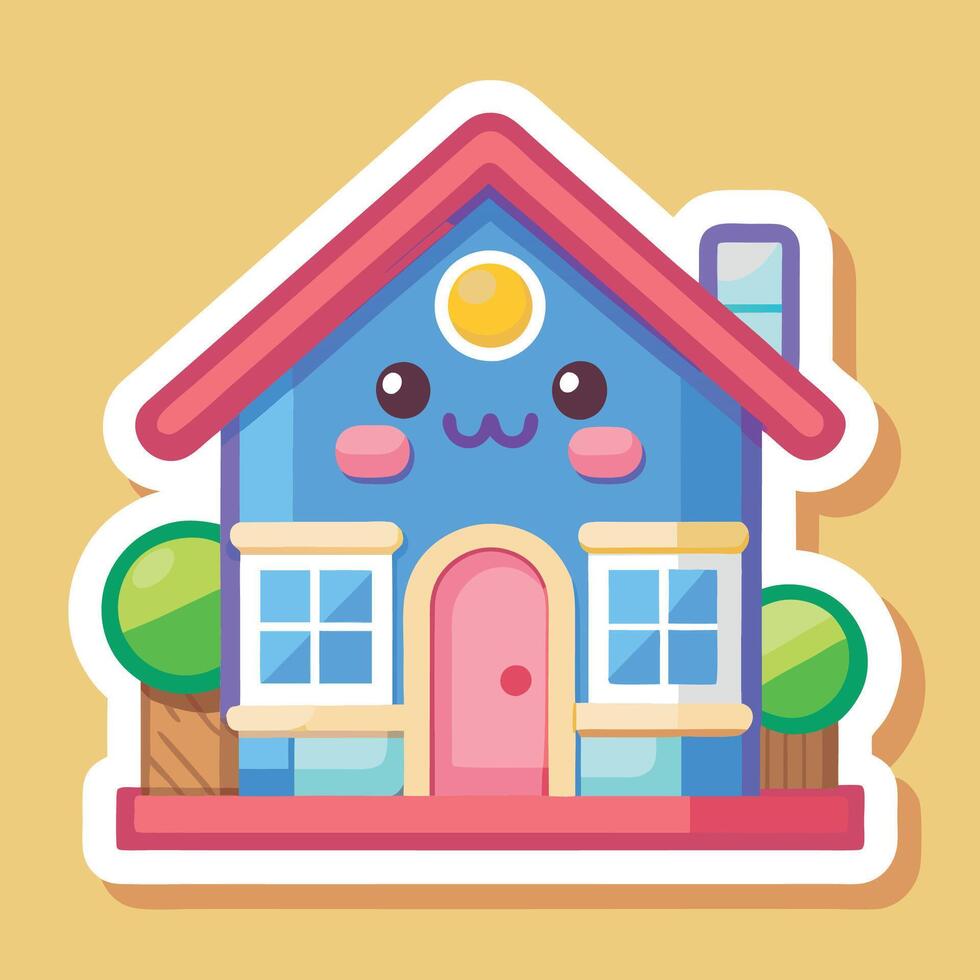 a sticker of a cute house with a smiley face vector