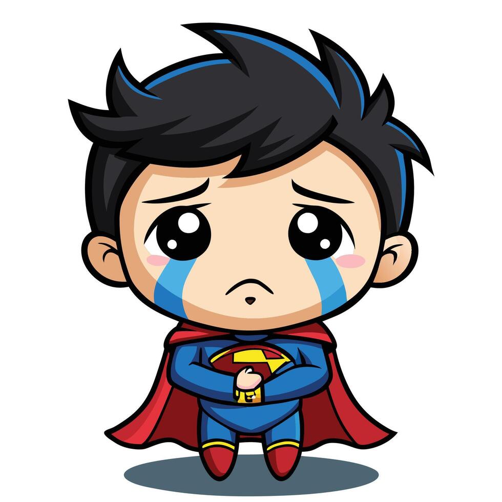 superman crying cartoon character kawaii chibii vector